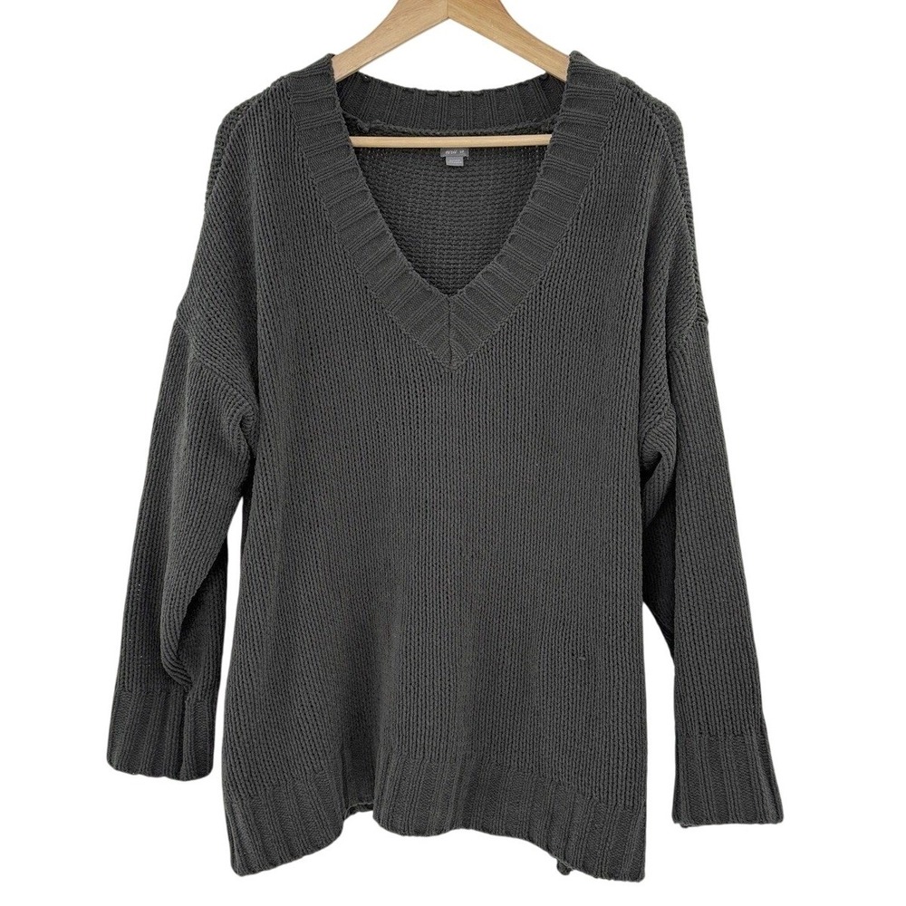 Aerie V-Neck Dark Gray Chenille Oversized Pullover Sweater Staple Sz‎ Sm FLAW